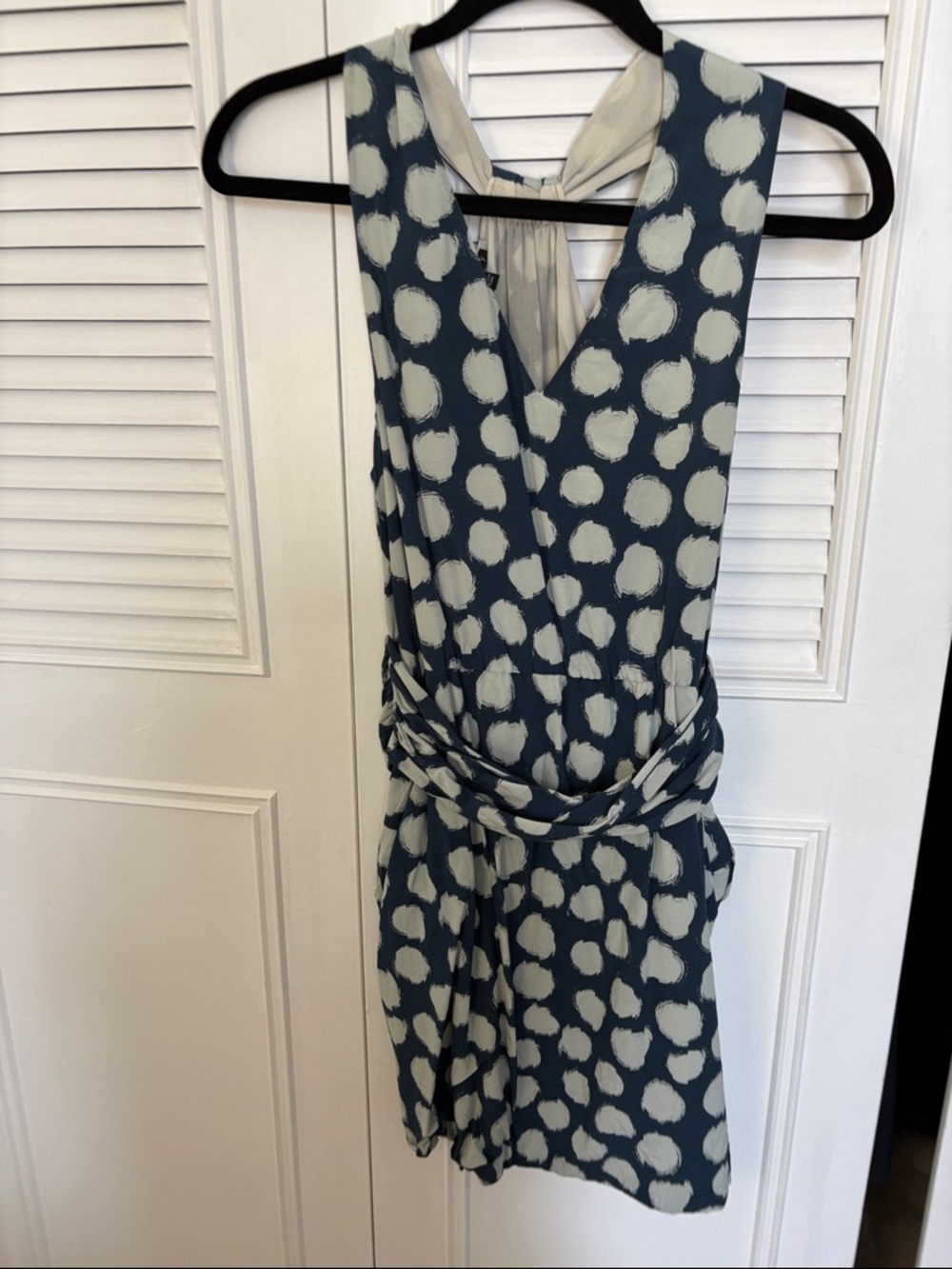 Theory Blue and Cream Polka Dot Wrap Dress